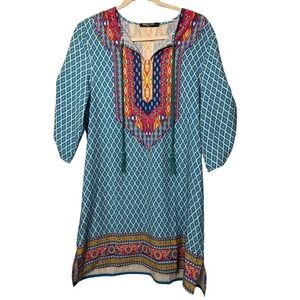 Urban Coco Women's Teal Bohemian Tunic Dress Flowy 3/4 Sleeve Size Small 19x33